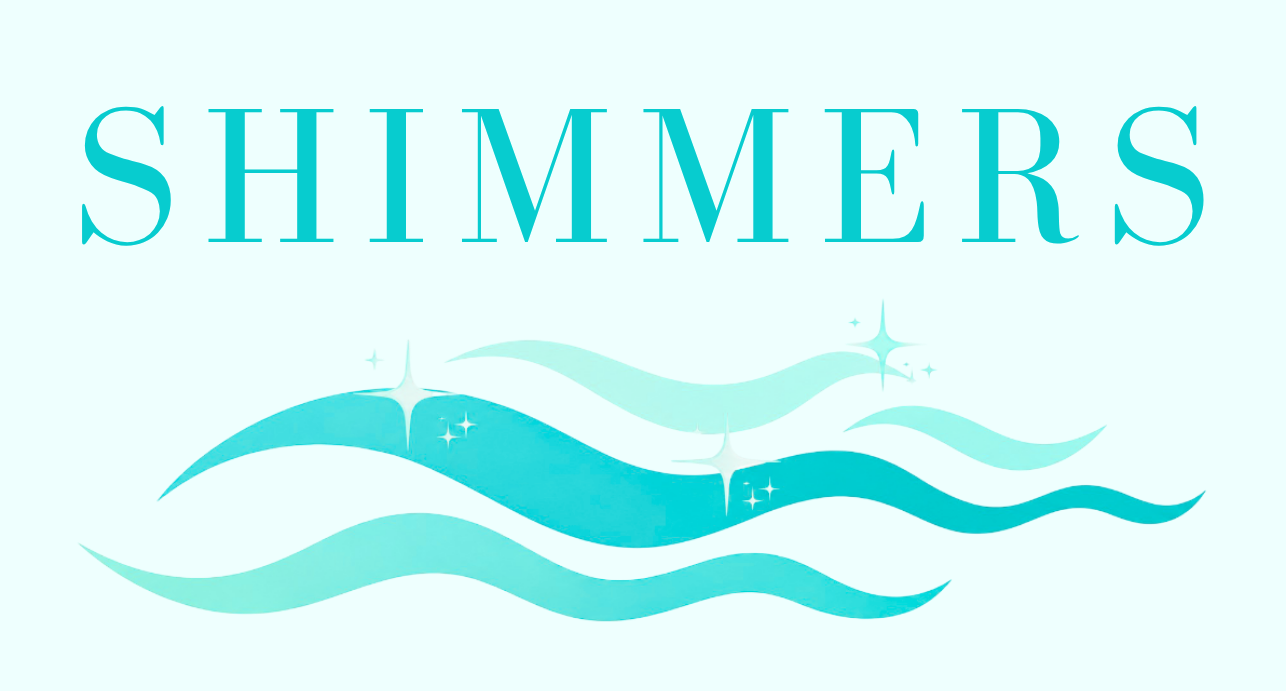 Logo with the word 'SHIMMERS' and stylized waves on a light blue background